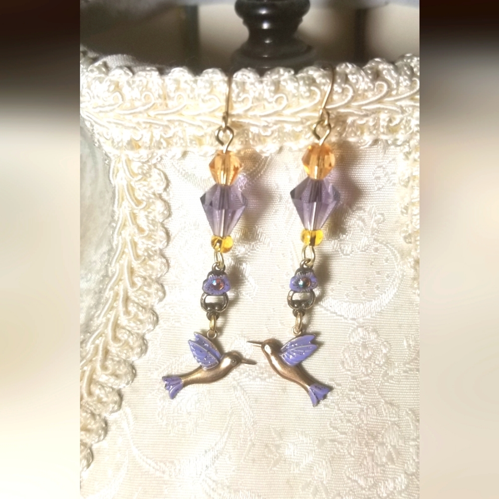 Hummingbird Handmade Purple Vintage Style Brass & Crystal Earrings